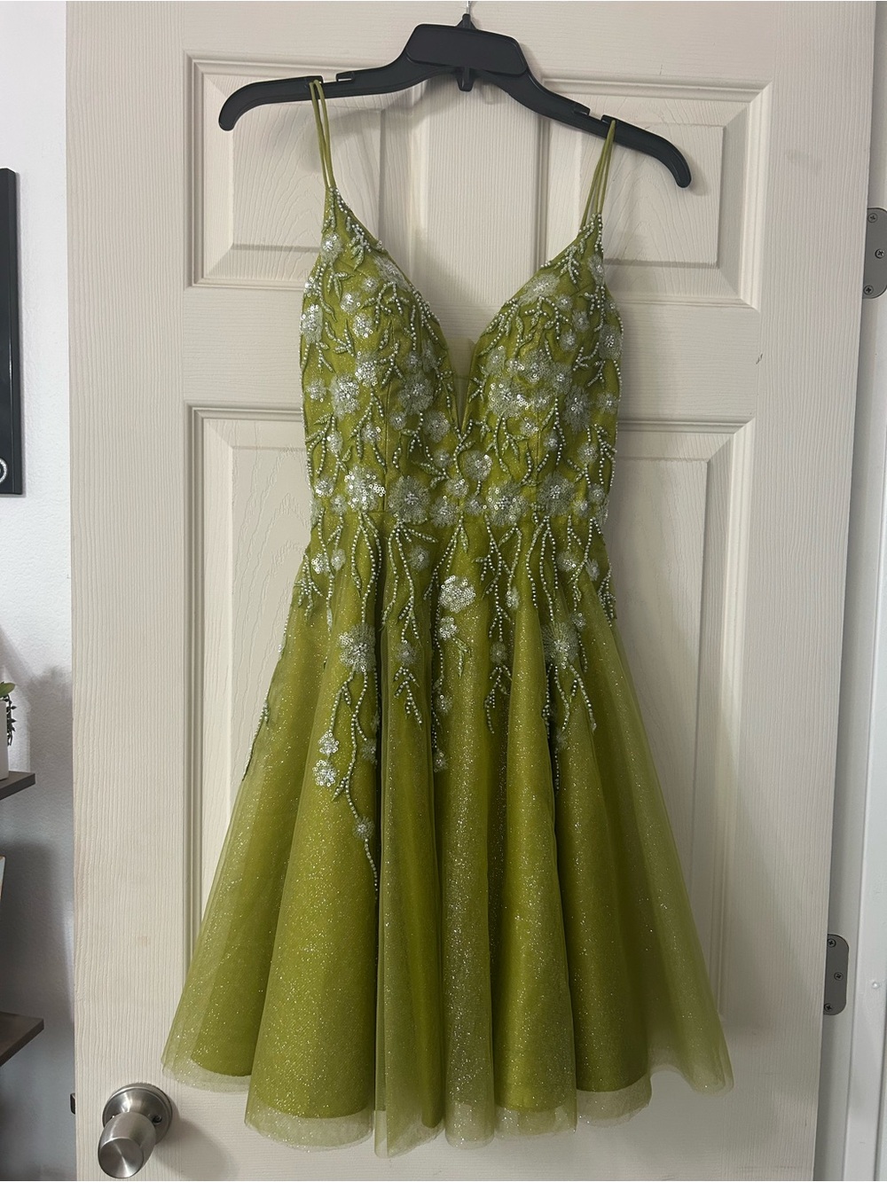 Girls' Olive Green Embellished Spaghetti-Strap Dress